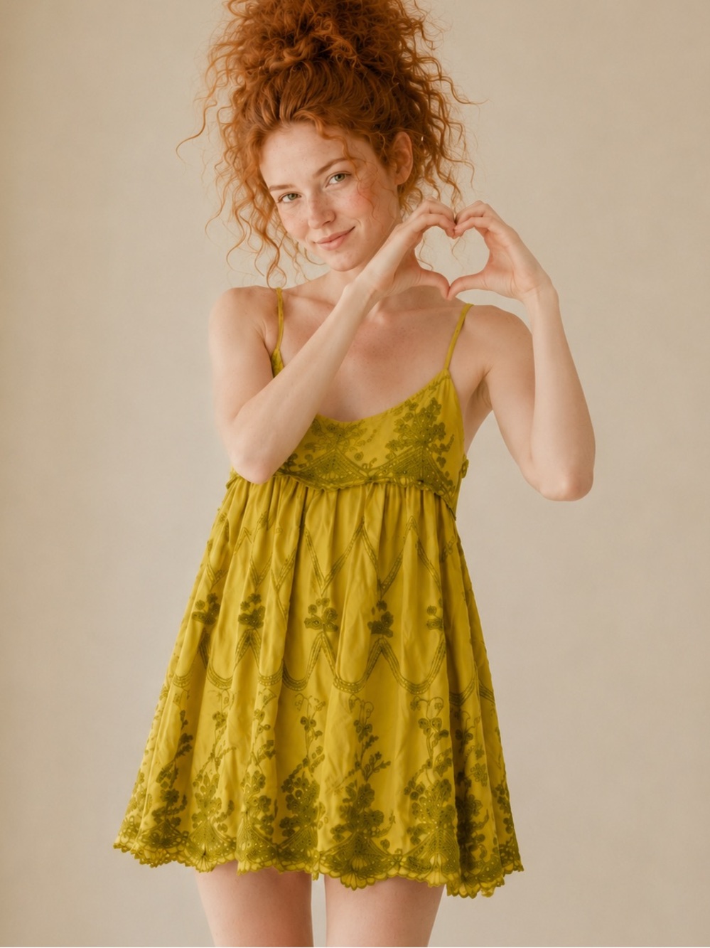 Urban Outfitters Jamie Embroidered Babydoll Mini Dress Yellow Olive Green Size S